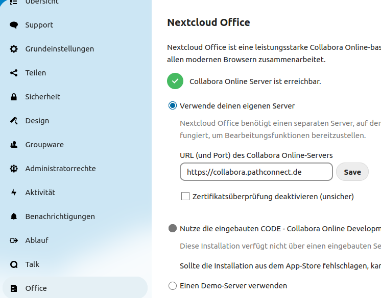 Nextcloud Office Server Einstellungen